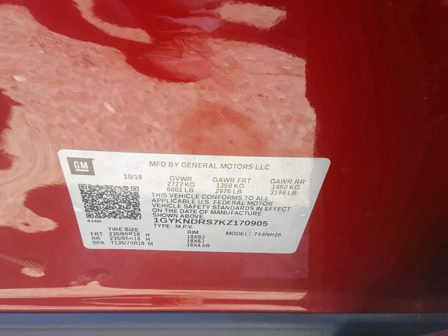 1GYKNDRS7KZ170905 - 2019 CADILLAC XT5 LUXURY RED photo 10