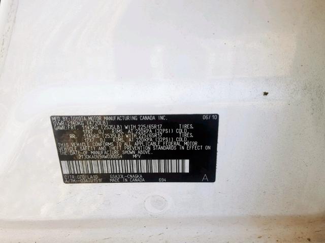 2T3DK4DV9AW030054 - 2010 TOYOTA RAV4 LIMIT WHITE photo 10