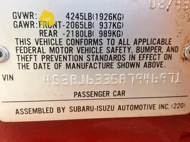 4S3BJ6335R7946971 - 1994 SUBARU LEGACY L RED photo 10