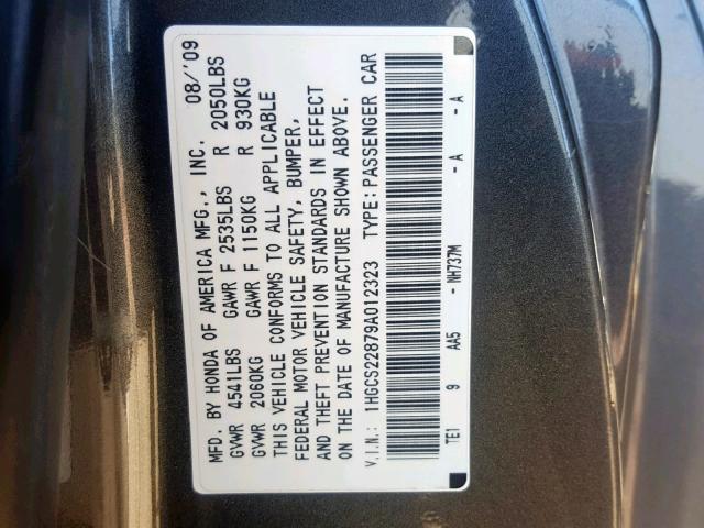 1HGCS22879A012323 - 2009 HONDA ACCORD EXL GRAY photo 10