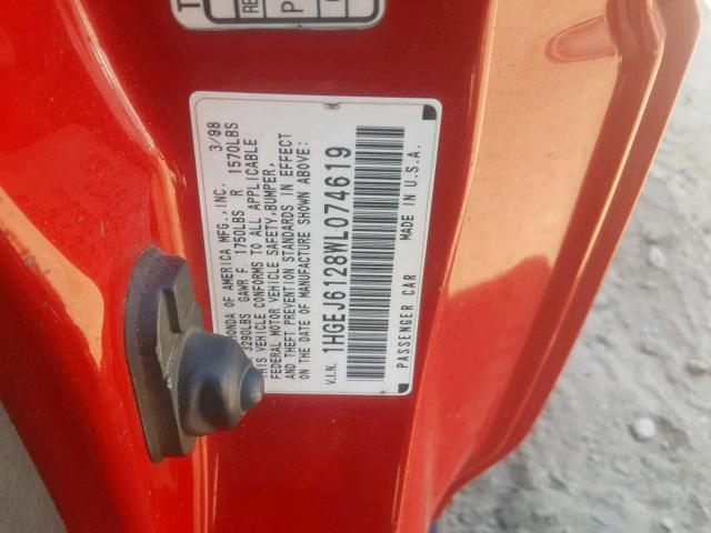 1HGEJ6128WL074619 - 1998 HONDA CIVIC DX RED photo 10