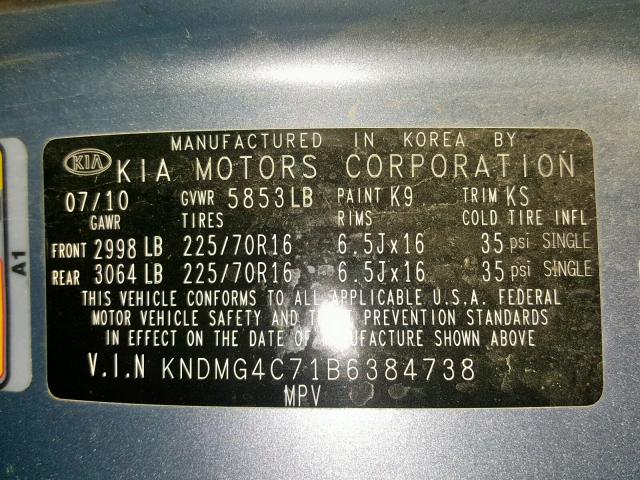 KNDMG4C71B6384738 - 2011 KIA SEDONA LX BLUE photo 10