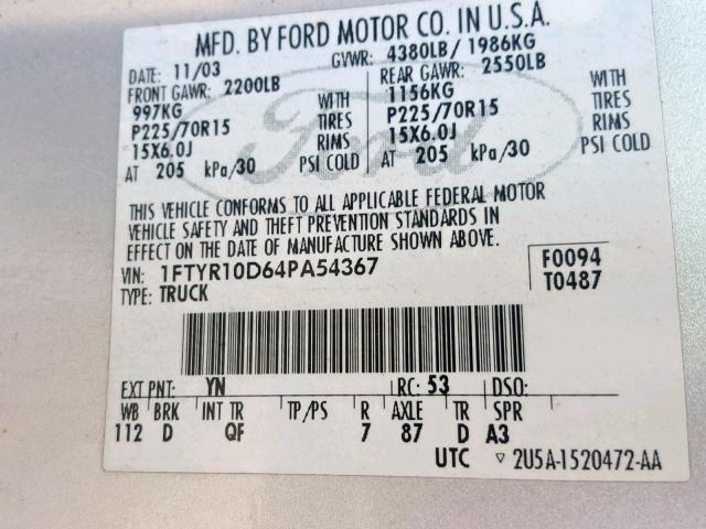 1FTYR10D64PA54367 - 2004 FORD RANGER SILVER photo 10