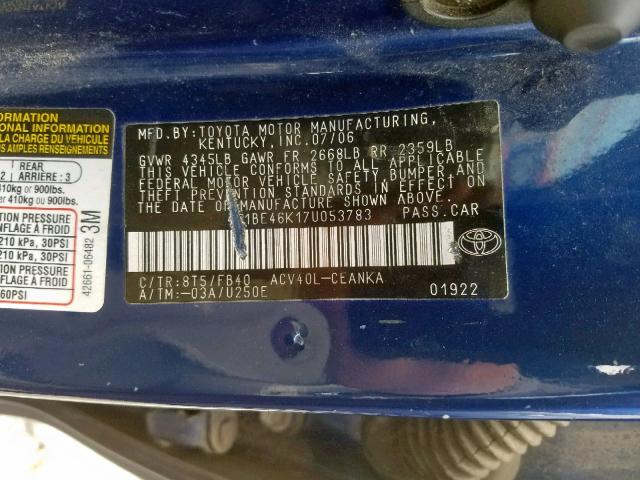 4T1BE46K17U053783 - 2007 TOYOTA CAMRY NEW BLUE photo 10