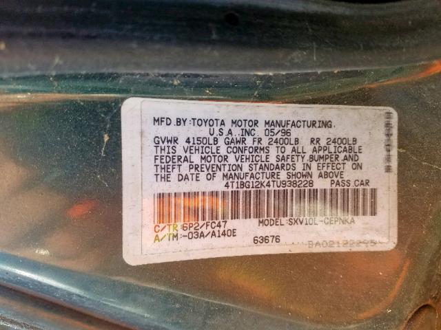 4T1BG12K4TU938228 - 1996 TOYOTA CAMRY DX GREEN photo 10