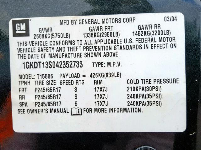 1GKDT13S042352733 - 2004 GMC ENVOY GRAY photo 10