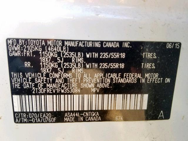 2T3DFREV1FW353084 - 2015 TOYOTA RAV4 LIMIT WHITE photo 10