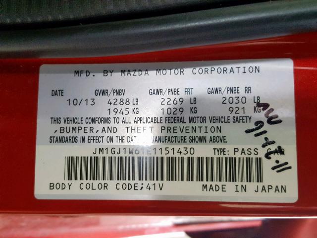 JM1GJ1W61E1151430 - 2014 MAZDA 6 GRAND TO RED photo 10