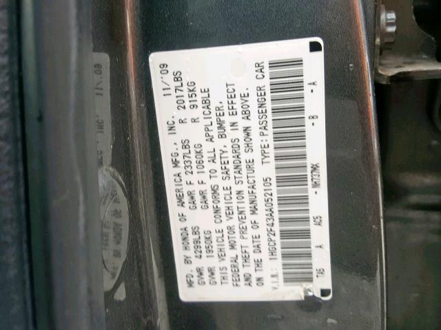 1HGCP2F43AA052105 - 2010 HONDA ACCORD LXP SILVER photo 10