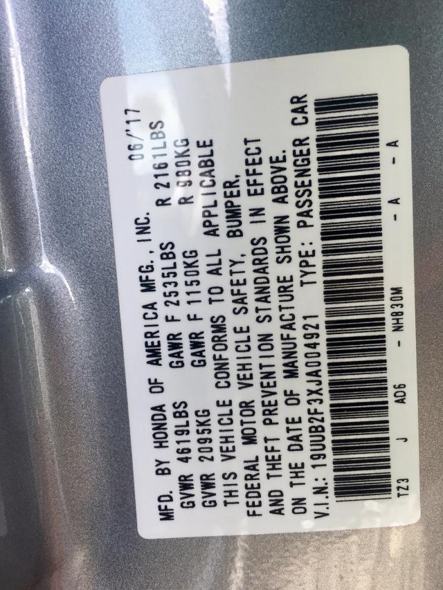 19UUB2F3XJA004921 - 2018 ACURA TLX SILVER photo 10