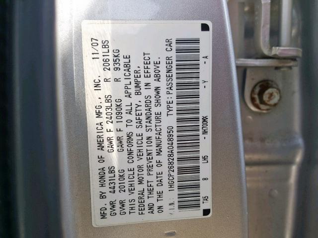 1HGCP26828A048950 - 2008 HONDA ACCORD EXL SILVER photo 10