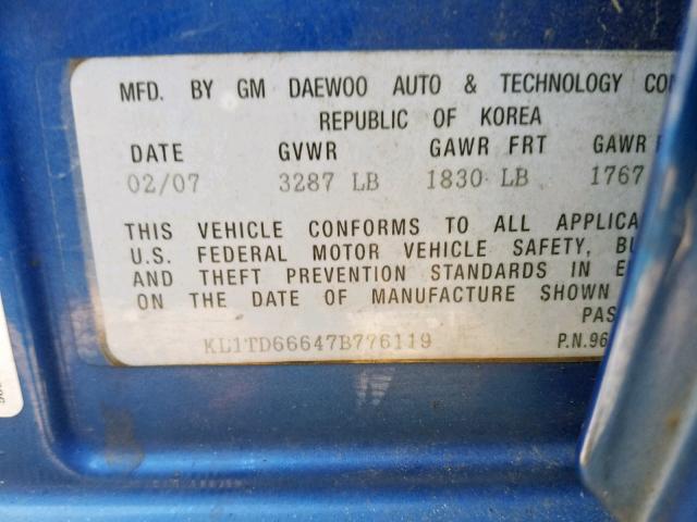 KL1TD66647B776119 - 2007 CHEVROLET AVEO BASE Көк фото 10