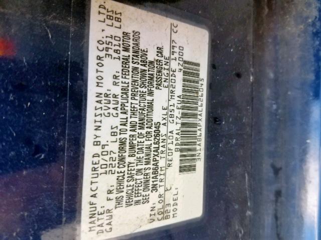 3N1AB6APXAL626045 - 2010 NISSAN SENTRA 2.0 BLUE photo 10