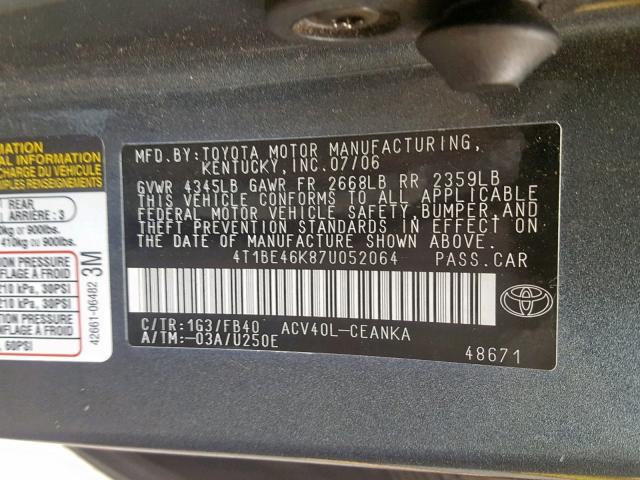 4T1BE46K87U052064 - 2007 TOYOTA CAMRY NEW GRAY photo 10