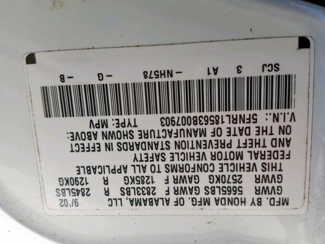 5FNRL18563B007903 - 2003 HONDA ODYSSEY LX WHITE photo 10