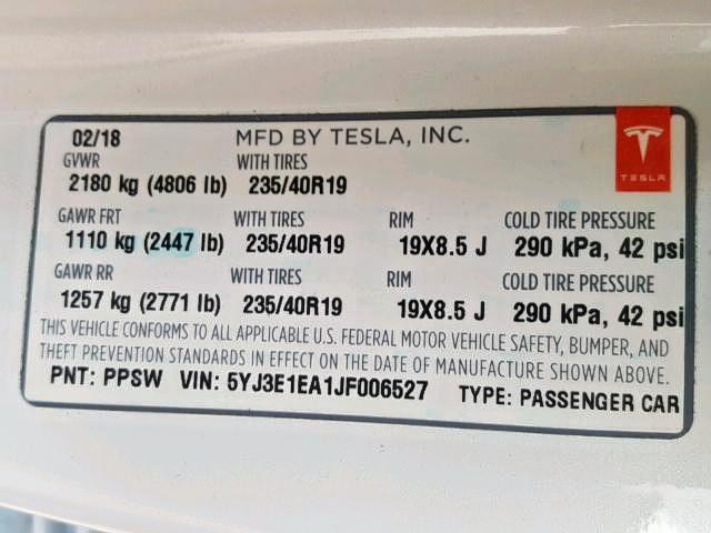 5YJ3E1EA1JF006527 - 2018 TESLA MODEL 3 WHITE photo 10