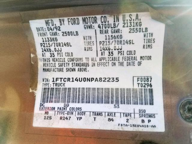 1FTCR14U0NPA82235 - 1992 FORD RANGER SUP GOLD photo 10