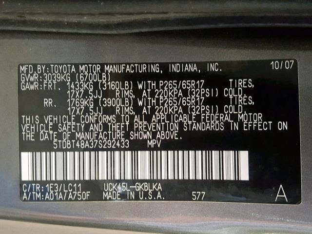 5TDBT48A37S292433 - 2007 TOYOTA SEQUOIA LI GRAY photo 10