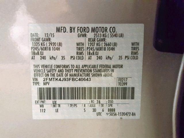 2FMTK4J93FBC40643 - 2015 FORD EDGE SEL SILVER photo 10