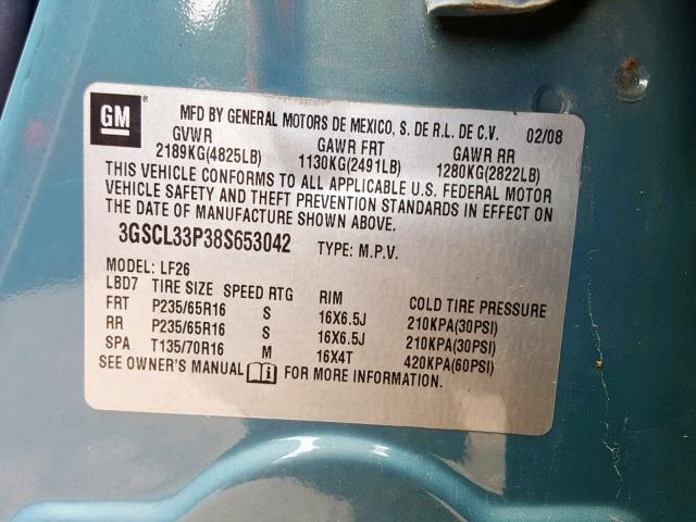 3GSCL33P38S653042 - 2008 SATURN VUE XE TEAL photo 10