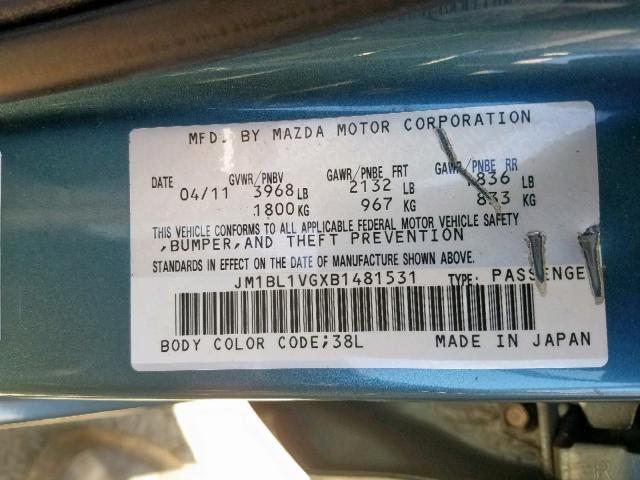 JM1BL1VGXB1481531 - 2011 MAZDA 3 I BLUE photo 10