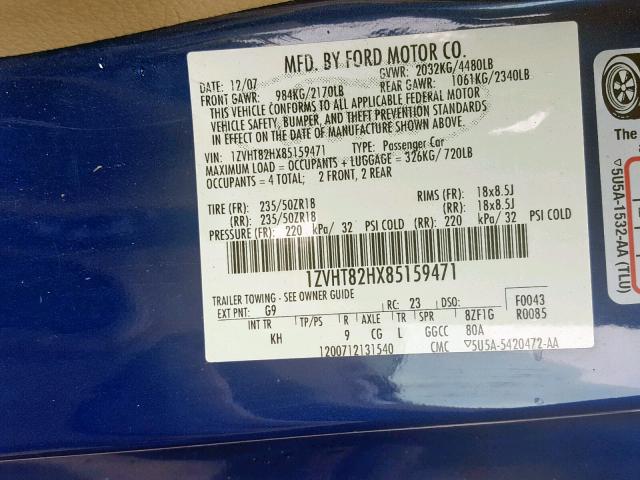 1ZVHT82HX85159471 - 2008 FORD MUSTANG GT BLUE photo 10