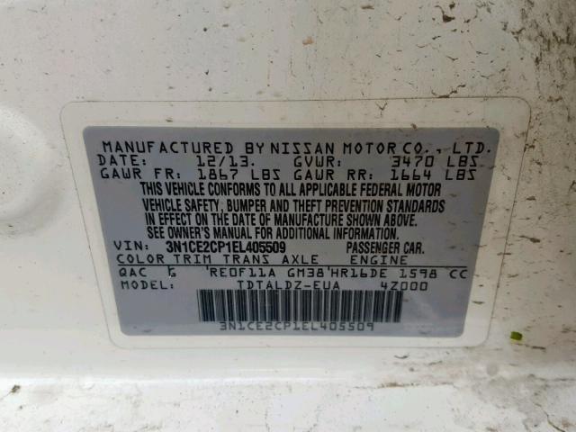 3N1CE2CP1EL405509 - 2014 NISSAN VERSA NOTE WHITE photo 10