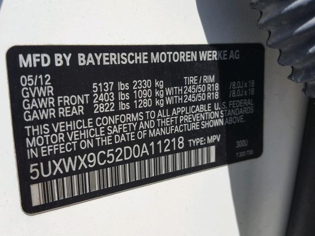 5UXWX9C52D0A11218 - 2013 BMW X3 XDRIVE2 WHITE photo 10