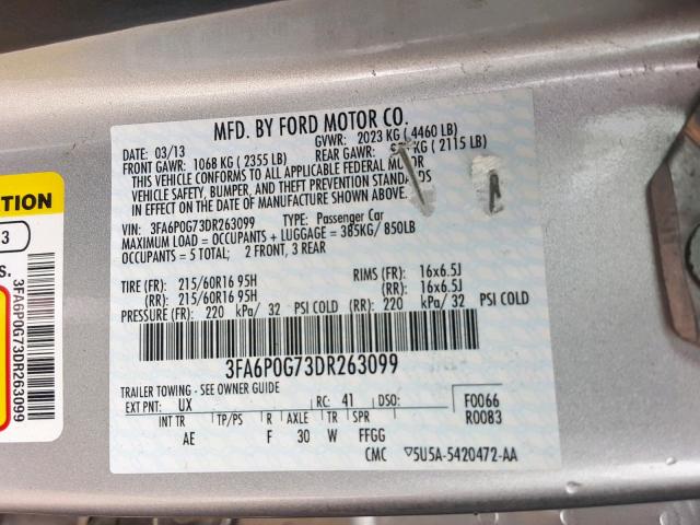 3FA6P0G73DR263099 - 2013 FORD FUSION S SILVER photo 10