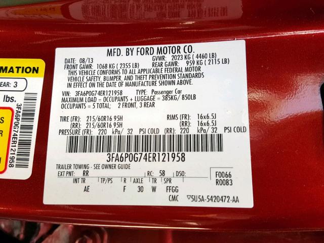 3FA6P0G74ER121958 - 2014 FORD FUSION S RED photo 10