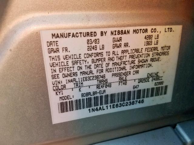 1N4AL11E63C238746 - 2003 NISSAN ALTIMA BAS SILVER photo 10