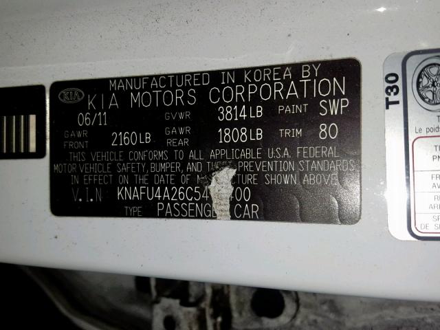 KNAFU4A26C5477400 - 2012 KIA FORTE EX WHITE photo 10