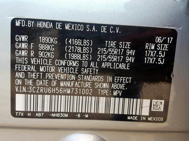 3CZRU6H56HM731002 - 2017 HONDA HR-V EX SILVER photo 10