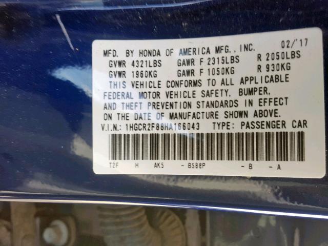 1HGCR2F88HA166043 - 2017 HONDA ACCORD EXL BLUE photo 10