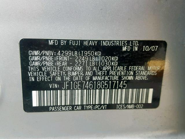 JF1GE74618G517145 - 2008 SUBARU IMPREZA WR SILVER photo 10