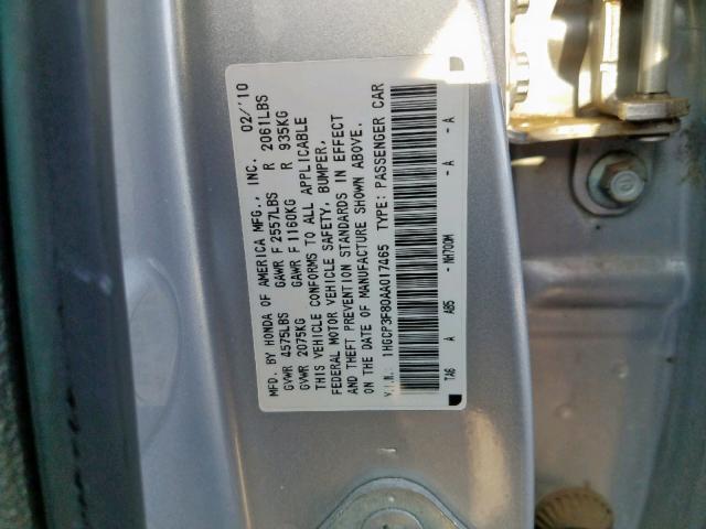 1HGCP3F80AA017465 - 2010 HONDA ACCORD EXL SILVER photo 10