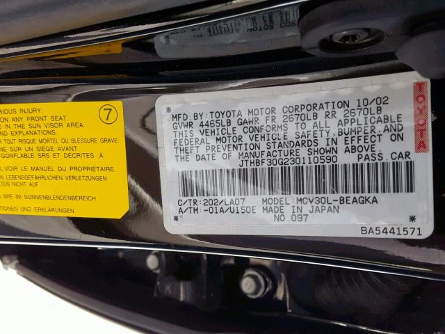 JTHBF30G230110590 - 2003 LEXUS ES 300 BLACK photo 10