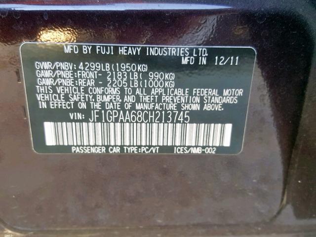 JF1GPAA68CH213745 - 2012 SUBARU IMPREZA BROWN photo 10