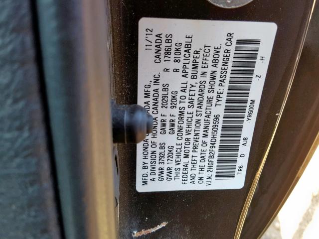 2HGFB2F94DH509596 - 2013 HONDA CIVIC EXL გრაფიტი ფოტო 10