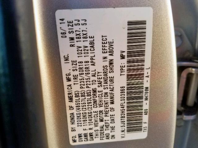 5J8TB3H54FL003968 - 2015 ACURA RDX TECHNO SILVER photo 10