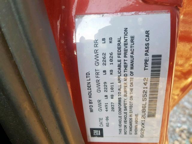 6G2VX12U86L552142 - 2006 PONTIAC GTO RED photo 10