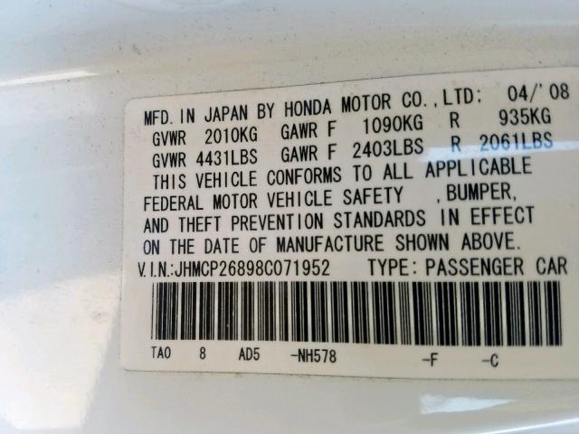 JHMCP26898C071952 - 2008 HONDA ACCORD EXL WHITE photo 10