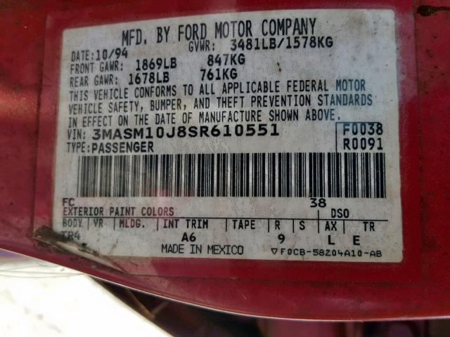 3MASM10J8SR610551 - 1995 MERCURY TRACER BAS PINK photo 10