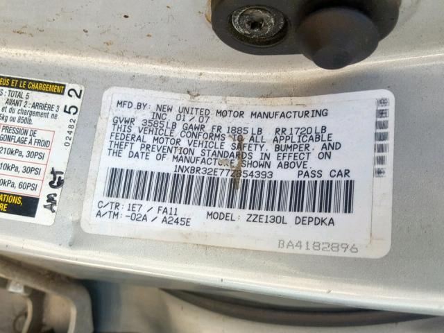 1NXBR32E77Z854393 - 2007 TOYOTA CORROLA SILVER photo 10