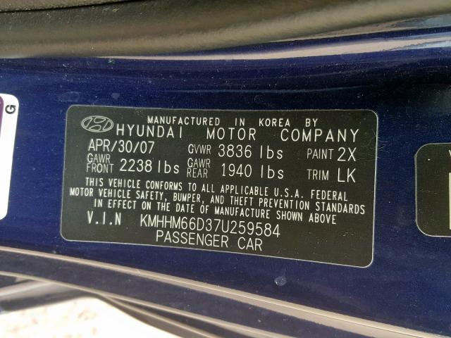 KMHHM66D37U259584 - 2007 HYUNDAI TIBURON GS BLUE photo 10