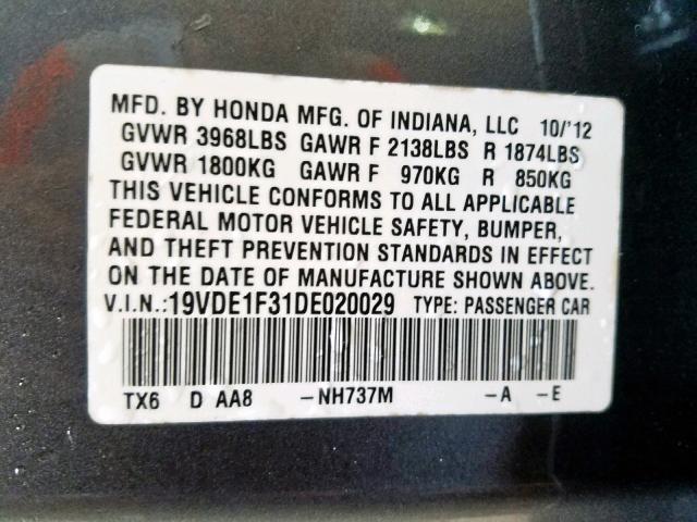 19VDE1F31DE020029 - 2013 ACURA ILX 20 GRAY photo 10