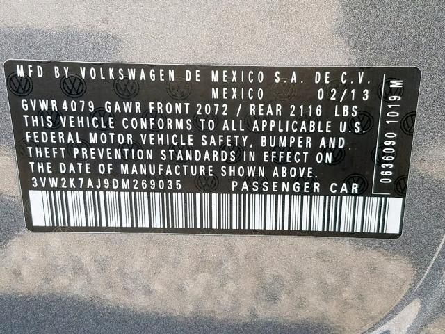 3VW2K7AJ9DM269035 - 2013 VOLKSWAGEN JETTA BASE GRAY photo 10