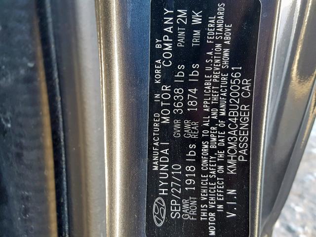 KMHCM3AC4BU200561 - 2011 HYUNDAI ACCENT GL GRAY photo 10