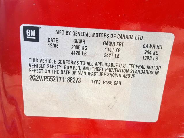 2G2WP552771188273 - 2007 PONTIAC GRAND PRIX RED photo 10