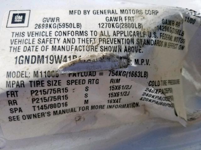 1GNDM19W41B118388 - 2001 CHEVROLET ASTRO WHITE photo 10